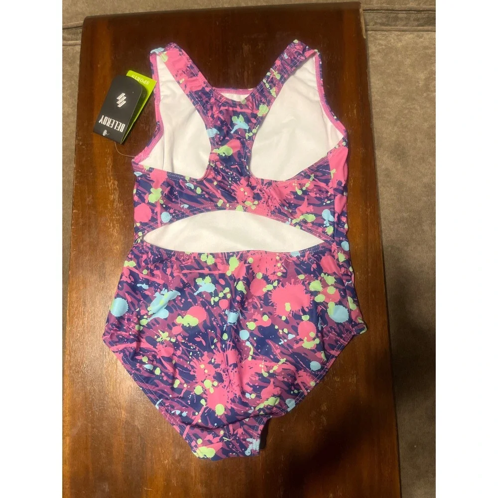 Beleroy Sports Girls One Piece Swimsuit Paint Splatter Pink Purple Size 10 NWT
